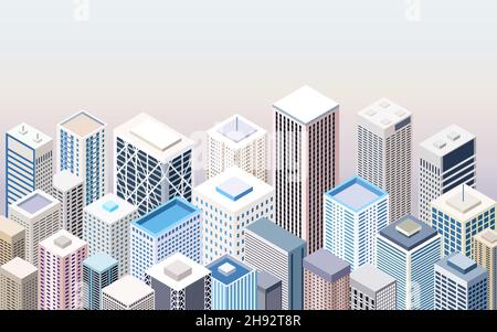 Stadtgebäude auf weichen Gradienten Hintergrund Vektor isometrische Illustration Stock Vektor
