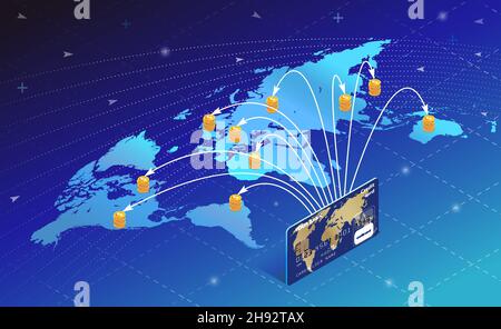 Geldtransfer von der Karte auf der ganzen Welt Vektor isometrische flache Stil Illustration Stock Vektor