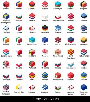 Alle europäischen Länder Flaggen in Würfel isometrischen Design Vektor-Set Stock Vektor