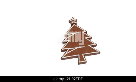 3D Rendering von Lebkuchenkekse in Form eines Symbols von Weihnachtsbaum mit Stern isoliert auf weißem Hintergrund mit weißer Vereisung Stockfoto
