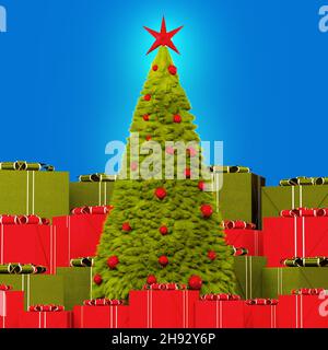 Schöner, grüner Weihnachtsbaum aus Fell mit rotem Spielzeug, umgeben von großen, grünen und roten Geschenkboxen auf blauem Hintergrund. Grußkarte. 3D rende Stockfoto