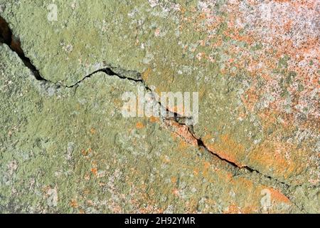 Riss auf alt, verwittert, schmutzig, grün mit Schimmel gebrochen Wand Textur Hintergrund. Stockfoto