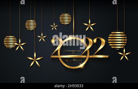 2022 Weihnachts-Luxus-Weihnachtsbanner mit handgeschriebener Gold Frohe Weihnachten und glückliches Neues Jahr, goldfarbene Weihnachtskugeln. Vektorgrafik Stock Vektor