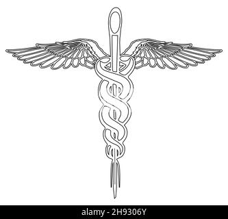 Die Caduceus Medical Symbo in schwarzer Linienzeichnung isoliert auf weißem Hintergrund Stockfoto