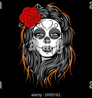 Dia de los muertos, Tag der Toten, mexikanischer Feiertag, Fest. Poster, Banner und Karte mit Zuckerschädel, Frau mit Blumenkrone Stock Vektor