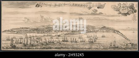 Vintage Radierung, Hafenansicht von Bridgetown auf der Insel Barbados in den Westindischen Inseln, ca. 1695 von Samuel Coopen Stockfoto
