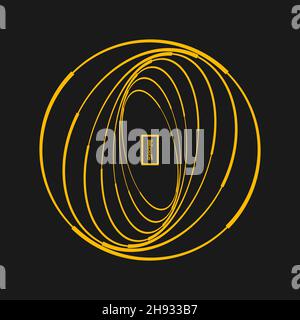 Gelbe abstrakte kurvige Linien in Wirbelform. Trendiges Design-Element für Rahmen, rundes Technologie-Logo, Schild, Symbol, Web, Drucke, Poster, Vorlagen Stock Vektor