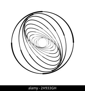 Schwarze abstrakte kurvige Linien in Wirbelform. Trendiges Design-Element für Rahmen, rundes Technologie-Logo, Schild, Symbol, Web, Drucke, Poster, Vorlagen Stock Vektor