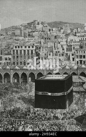 Saudi-Arabien, Mekka. Gesamtansicht der Stadt. Im Zentrum der al-Masjid al-Haram Moschee befindet sich die Kaaba, die den „Schwarzen Stein“ beherbergt. Gravur. Details. La Ilustración Española y Americana, 1882. Stockfoto