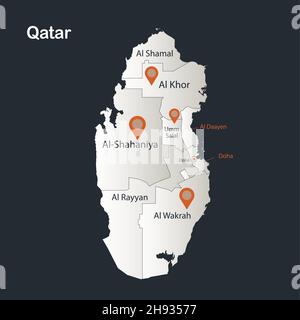 Qatar Karte, Infografiken flaches Design Farben schneeweiß, mit Namen der einzelnen Regionen Vektor Stock Vektor