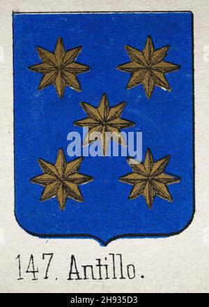 Antillo Heraldik, Darstellung eines Wappens, Goldsterne auf blauem Schild, heraldische Symbole Stockfoto