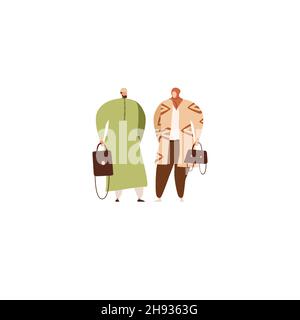 Arabisches Paar in moderner Freizeitkleidung und Kopfschmuck. Porträt eines muslimischen Mannes in Thobe und einer Frau in Hijab und Hose. Menschen in trendigem Outfit. Vektorgrafik Stock Vektor