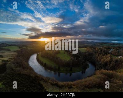 Sonnenuntergang bei Scott's View mit Blick über den River Tweed, über Old Melrose und die Eildon Hills dahinter. Bemersyde, Scottish Borders, Schottland, Großbritannien Stockfoto