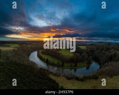 Sonnenuntergang bei Scott's View mit Blick über den River Tweed, über Old Melrose und die Eildon Hills dahinter. Bemersyde, Scottish Borders, Schottland, Großbritannien Stockfoto