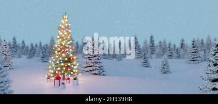 Geschmückter Weihnachtsbaum mit bunten Lichtern und Geschenken. Winter im Freien Landschaft mit fallendem Schnee 3D Render 3D Illustration Stockfoto