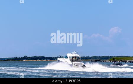 Das Motorboot, Animal House unterwegs vor Shelter Island, NY Stockfoto