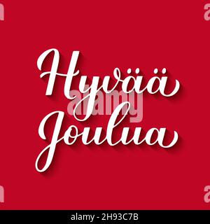 Hyvaa Joulua Kalligraphie Handschriftzug mit Schatten auf rotem Hintergrund. Frohe Weihnachten Typografie Poster in finnischer Sprache. Einfache Bearbeitung der Vektorvorlage für Stock Vektor