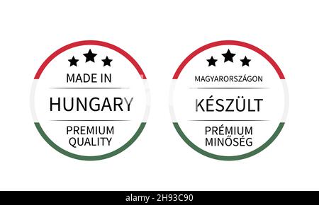 In Ungarn hergestellte runde Etiketten in englischer und ungarischer Sprache. Vektorsymbol für Qualitätsmarken. Perfekt für Logo-Design, Tags, Abzeichen, Aufkleber, Emblem, Stock Vektor
