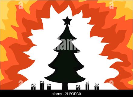 Weihnachtsbaum von nahenden Feuer von überall Cartoon Farbe Vektor Illustration umgeben, horizontal Stock Vektor