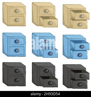 Schubladen Box Möbel Icon Set Auswahl, Farbe Vektor Illustration Design-Elemente, horizontal, über weiß, isoliert Stock Vektor
