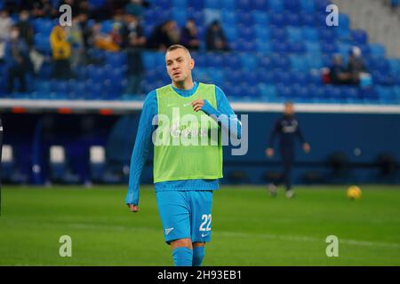 Sankt Petersburg, Russland. 03rd Dez 2021. Artem Dzyuba (Nr. 22) von Zenit, der während des Fußballspiels der russischen Premier League zwischen Zenit Sankt Petersburg und Rostov in der Gazprom Arena gesehen wurde. Endergebnis: Zenit 2:2 Rostov. Kredit: SOPA Images Limited/Alamy Live Nachrichten Stockfoto