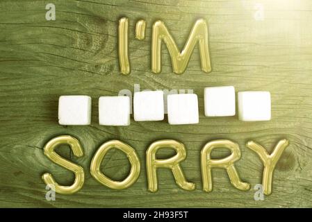 Textschild zeigt I M Sorry. Geschäftsidee, um Vergebung für jemanden bitten, den Sie unbeabsichtigte verletzen Stapel von Sample Cube rechteckige Boxen auf der Oberfläche Stockfoto