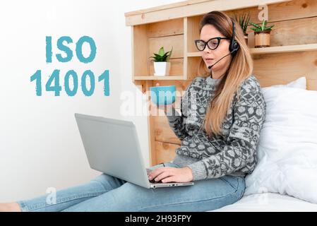 Textschild mit ISO 14001. Wort geschrieben über eine Reihe von Standards im Zusammenhang mit Umweltmanagement Student Learning New Things Online, Casual Stockfoto