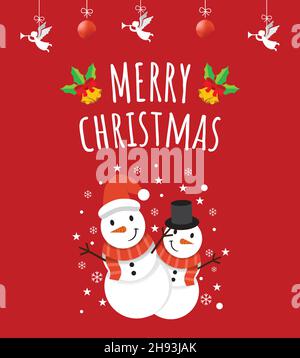 Fröhliche Weihnachtskarte mit süßem Schneemann und Feen im roten Hintergrund. Stock Vektor