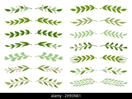 Florale Trennwände Seite Natur Frühling grün flach set. Dekorative Vintage Design Buch Postkarte Menü Zertifikat. Elegant unterstreichen Grenze Gruß heraldischen Wicklung klassischen Ornament isoliert auf weiß Stock Vektor