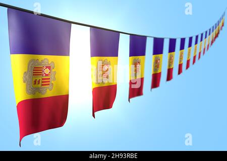 Ziemlich jede Feier Flagge 3D Illustration - viele Andorra Fahnen oder Banner diagonal am Seil auf blauem Himmel Hintergrund mit Bokeh hängen Stockfoto