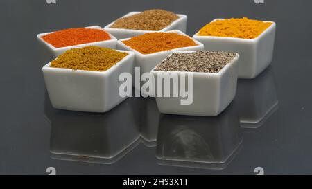 Auswahl an Pulvergewürzen in Schüsseln. Selektiver Fokus. Chili, Kurkuma, Pfeffer, Currpulver usw. Stockfoto