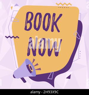 Text wird geschrieben, der Text wird angezeigt Jetzt buchen. Geschäftskonzept Reservieren Sie eine Hotelunterkunft oder ein Flugticket mit dem Flugzeug Megaphone Drawing Making New Stockfoto