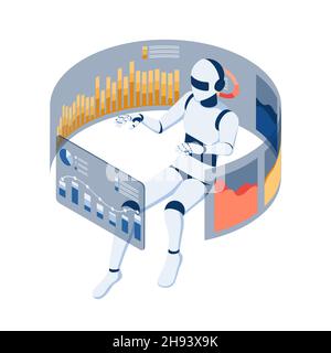 Flaches diagramm mit 3D isometrischen Ai-Robotern, das virtuelle Geschäftsdiagramm schwimmt und analysiert. Datenanalyse und Konzept der Künstlichen Intelligenz. Stock Vektor