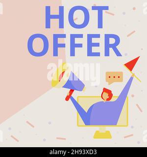 Handschriftschild heißes Angebot. Wort geschrieben auf Produkt oder Programm, das zu reduzierten Preisen oder Preisen angeboten wird Lady Inside A Monitor Screen Drawing Stockfoto