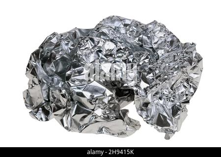 Zerknitterte Aluminiumfolie isoliert auf weißem Makro Stockfoto