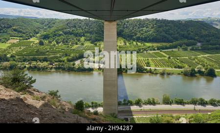 Moseltalbrücke von unten, Fokus auf graue Säule. Fluss und viele grüne Bäume. Deutschland. Stockfoto