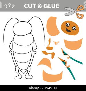 Cut and Leim - einfaches Spiel für Kinder. Verwenden Sie Schere und Kleber und stellen Sie das Bild innerhalb der Kontur wieder her. Papier-Spiel für Kinder mit Bug. Stock Vektor