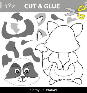 Cut and Leim - einfaches Spiel für Kinder. Schneiden und kleben Bild für intelligente Kinder und Kinder. Bildungsspiel. Vektor-Waschbär Stock Vektor