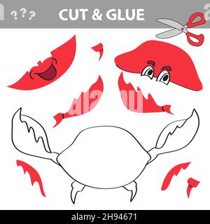 Cut and Leim - einfaches Spiel für Kinder. Rot lächelnde Krabbe mit aufgehobener Klaue. Bildung Papier Spiel für Kinder im Vorschulalter. Vektorgrafik. Stock Vektor