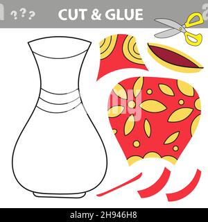 Cut and Leim - einfaches Spiel für Kinder. Einfache pädagogische Papier-Spiel für Kinder. Einfache Anwendung für Kinder mit roter Vase Stock Vektor