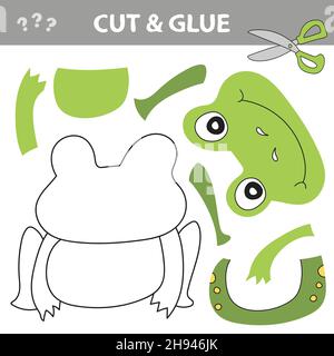 Cut and Leim - einfaches Spiel für Kinder. Bildung Papier Spiel für Kinder, Frosch. Verwenden Sie Scheren und Kleber, um das Bild zu erstellen. Stock Vektor