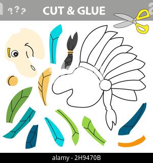 Cut and Leim - einfaches Spiel für Kinder. Indianer mit Federkopfschmuck. Bildung Papier Spiel für Kinder im Vorschulalter. Vektorgrafik. Stock Vektor