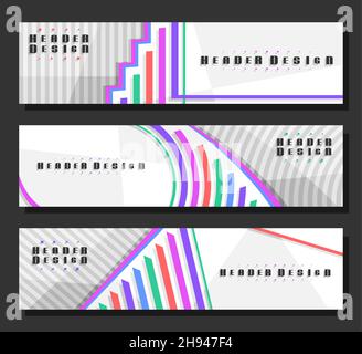 Vektor-Header-Set, 3 bunte Layouts mit dekorativen Designkurven mit Platz für Werbetext, kreative Header-Vorlagen für Werbung, horizontal Stock Vektor
