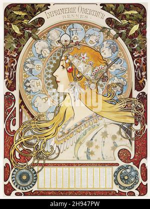 Skala anzeigen Alphonse Mucha (1860-1939) - TIERKREIS - Kalender. 1898. Imprimerie Oberthür. Stockfoto