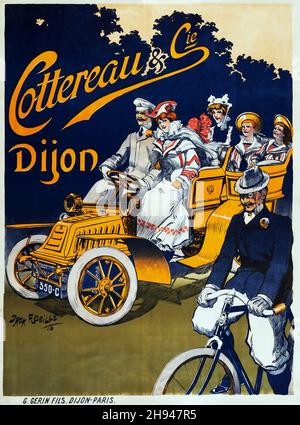 Cottereau & Cie - Djion Lithograph, französisches Werbeplakat von Jack Abeille, 1902. Eine Gruppe von Leuten, die in einem Oldtimer fahren. Stockfoto