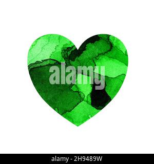 Aquarell-Illustration eines bunten Herzens mit Flecken und Grüntönen. Weihnachtskarte für Valentinstag, Hochzeit, Jubiläum. Künstlerisch Stockfoto