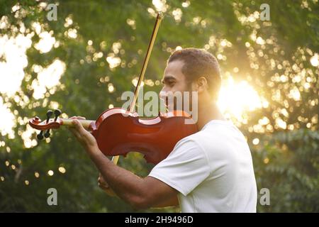 Musiker, der Geige spielt. Musik- und Tonkonzept. Stockfoto