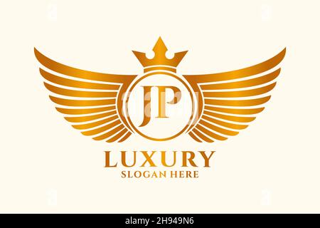 Luxus Royal Flügel Buchstaben JP Wappen Gold Farbe Logo Vektor, Victory Logo, Wappen Logo, Flügel Logo, Vektor-Logo . Stock Vektor