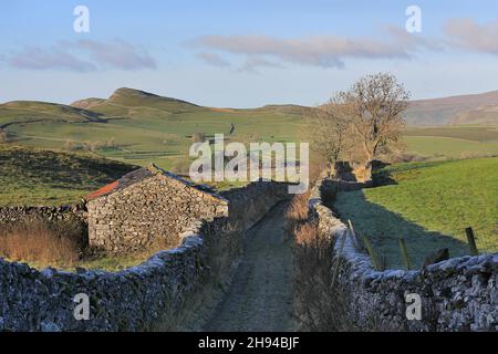 Der Blick auf Smearsett Scar von der Goat Scar Lane über dem Dorf Stainforth in Ribblesdale, Yorkshire Dales National Park, Großbritannien. Stockfoto