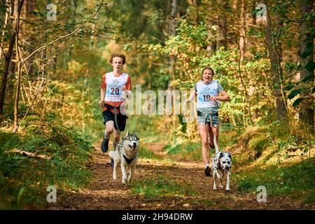 Svetly, Oblast Königsberg, Russland - 2. Oktober 2021 - Canicross-Übungen, junger Mann und Erwachsene Frau laufen mit sibirischem Husky und dalmatinischem Hund, c Stockfoto